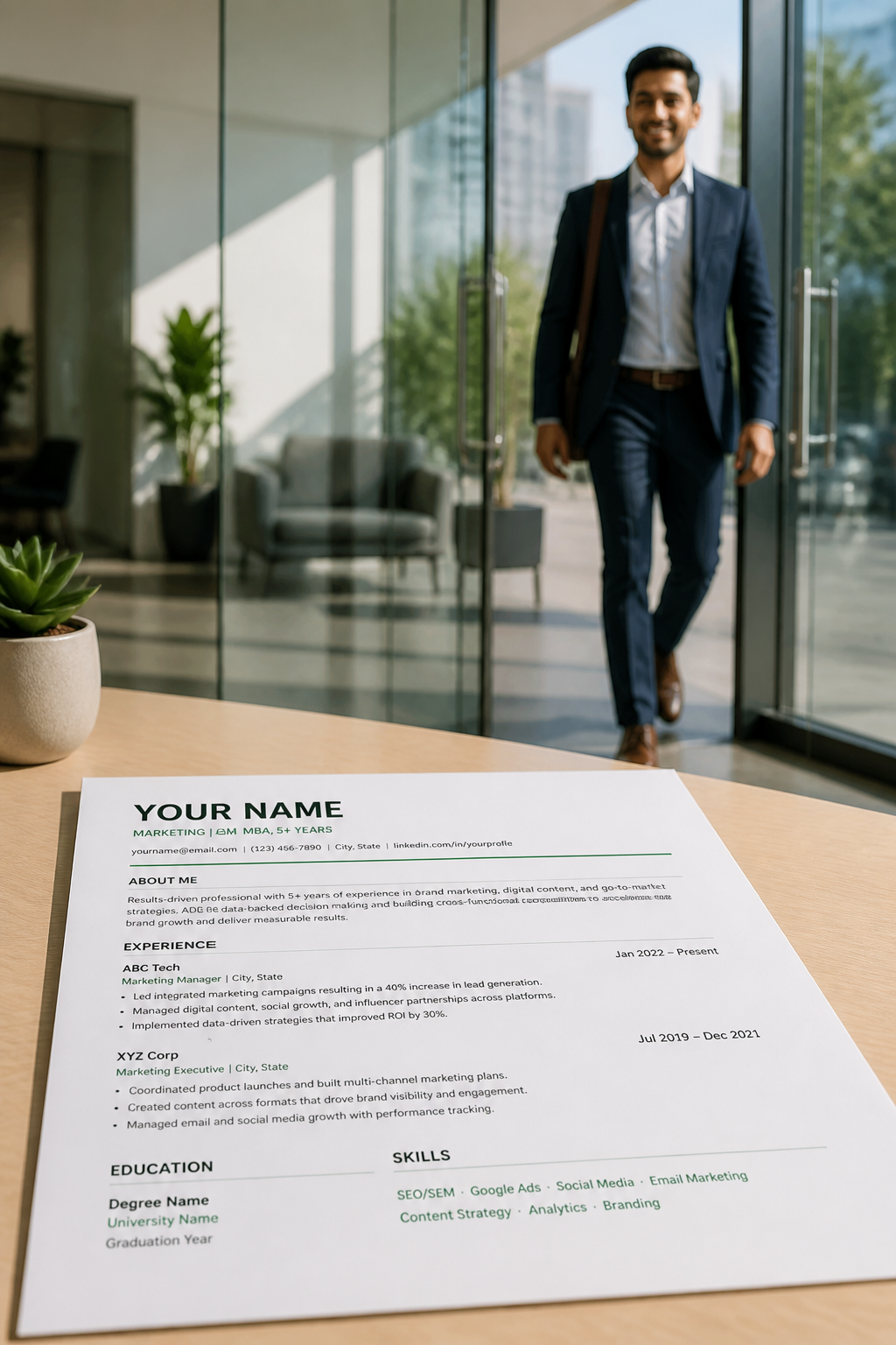 Confident young Indian professional in business attire walking confidently into a bright modern office with a smile, glass doors, inspiring atmosphere