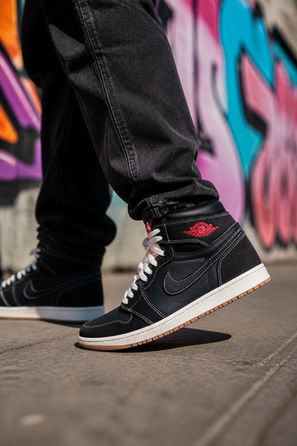 Fashion-forward urban explorer wearing Nike Total 90 Premium sneakers with streetwear outfit, walking past colorful graffiti wall in city center