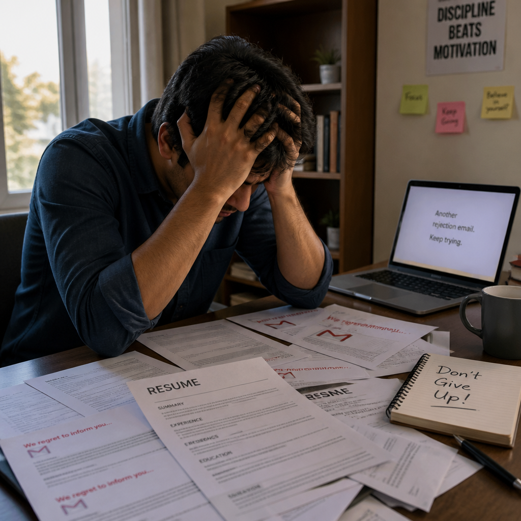 Frustrated Indian professional with head in hands surrounded by scattered rejection emails and printed resumes on desk
