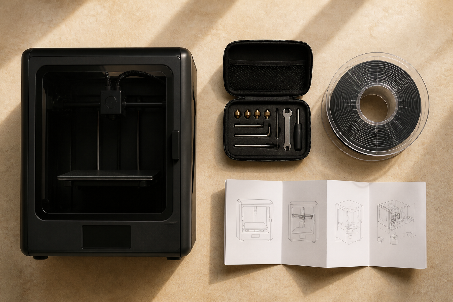 An overhead shot of the Bambu Printer kit box contents &mdash; printer unit, nozzle kit, filament sample, manual &mdash; laid out neatly on a parchment surface in warm natural light