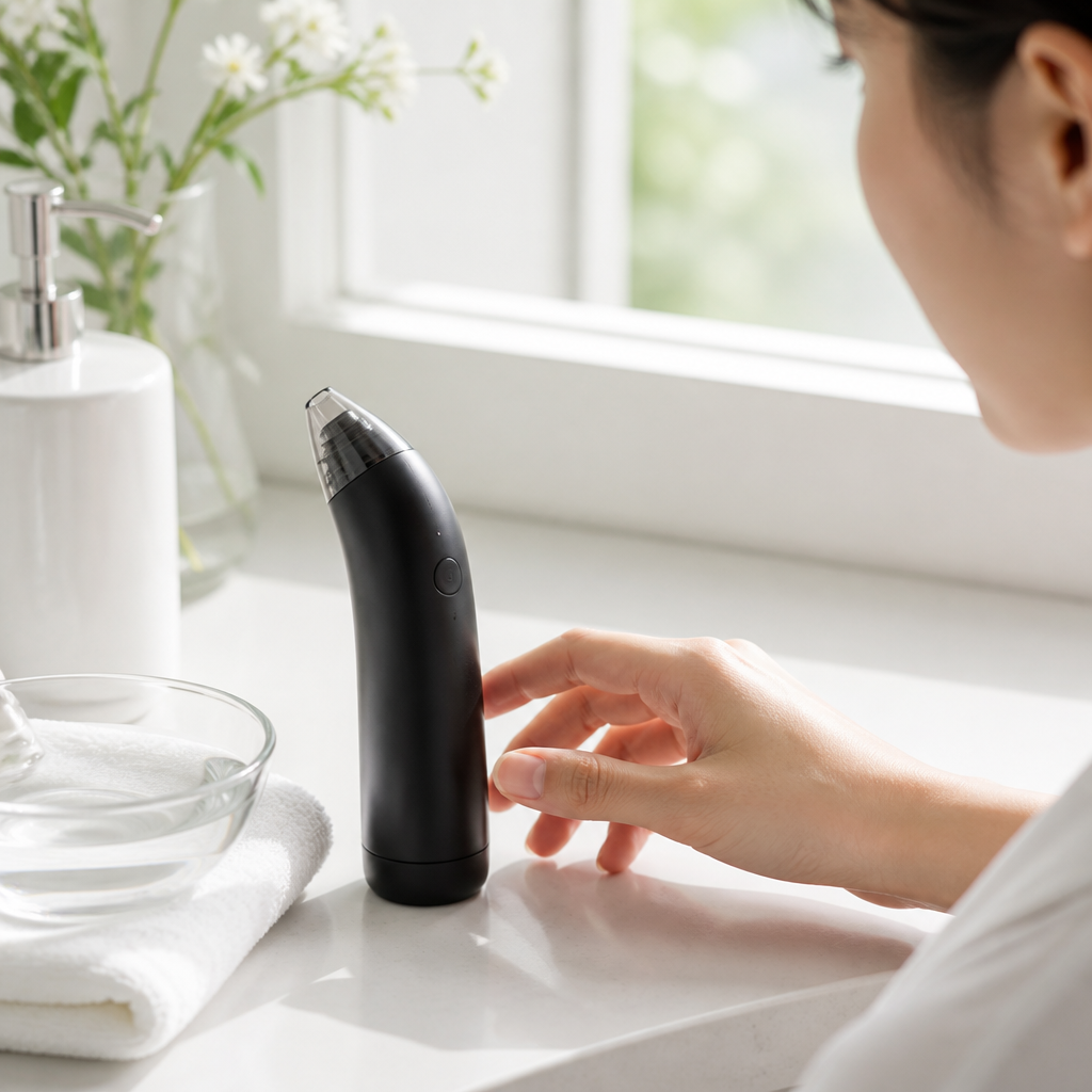 블랙헤드 밤akuVacuum 제품과 맑은 피부를 보여주는 비포/애프터 비교 이미지