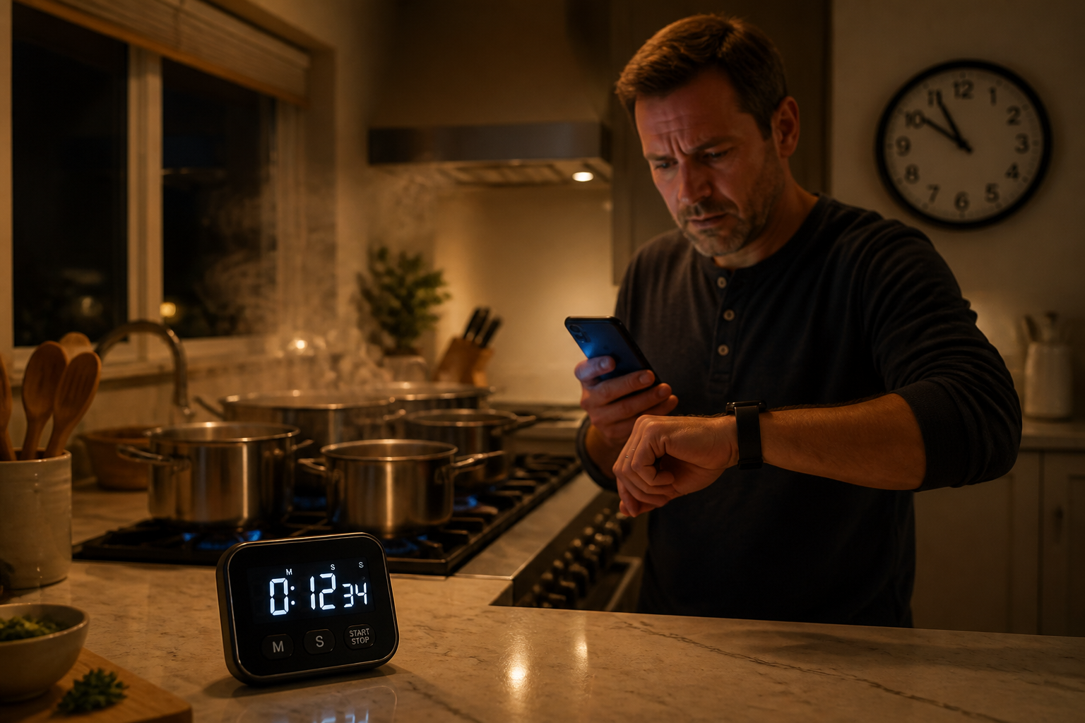 Chaotic kitchen scene with multiple pots on the stove, wall clock showing late evening hour, frustrated home cook checking their phone for the time while dinner remains uncooked