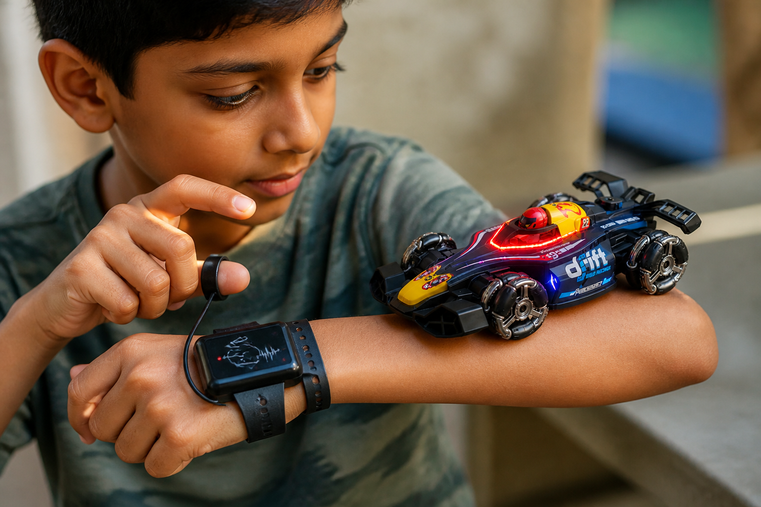 Close-up of the GRAPHENE hand sensor gesture controller strapped to a child's wrist, with motion-direction arrows showing how every wave, twist and turn triggers a different stunt