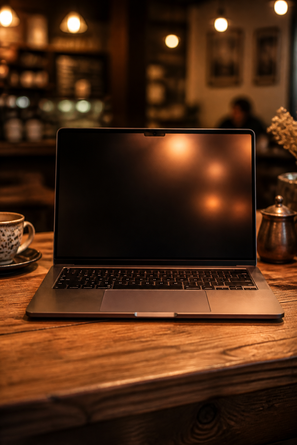 Close-up of a laptop screen showing a sad empty inbox with no new messages, warm cafe lighting, lonely atmosphere