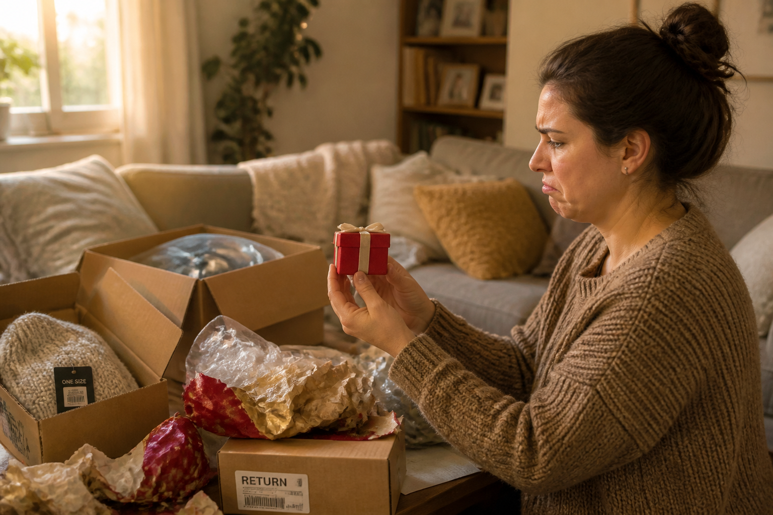 A person looking frustrated while holding a gift that is clearly the wrong size, surrounded by scattered wrapping paper and returned items