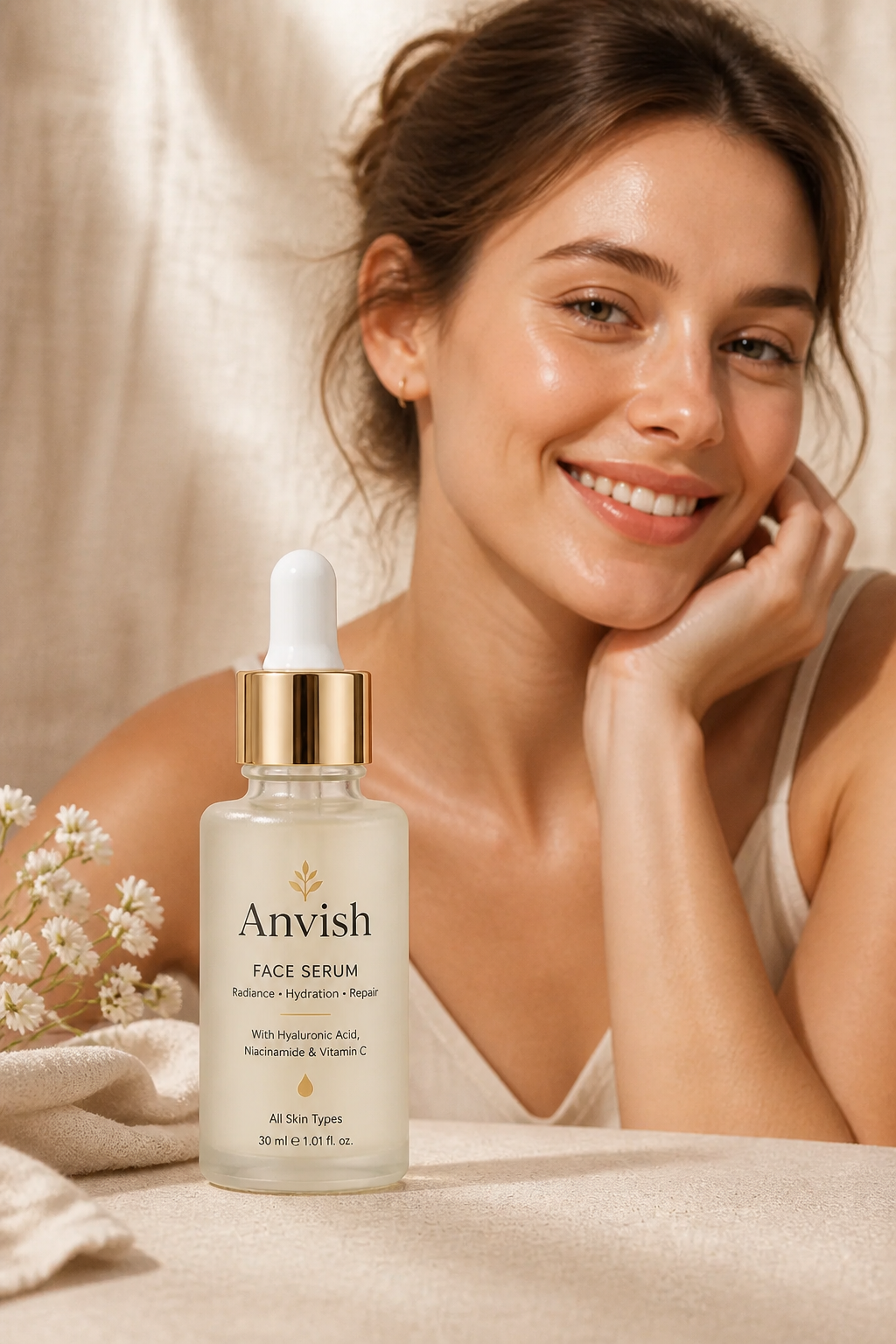 Customer portrait of a smiling European woman with radiant dewy complexion and natural minimal makeup, soft smile, neutral linen background, authentic testimonial photo