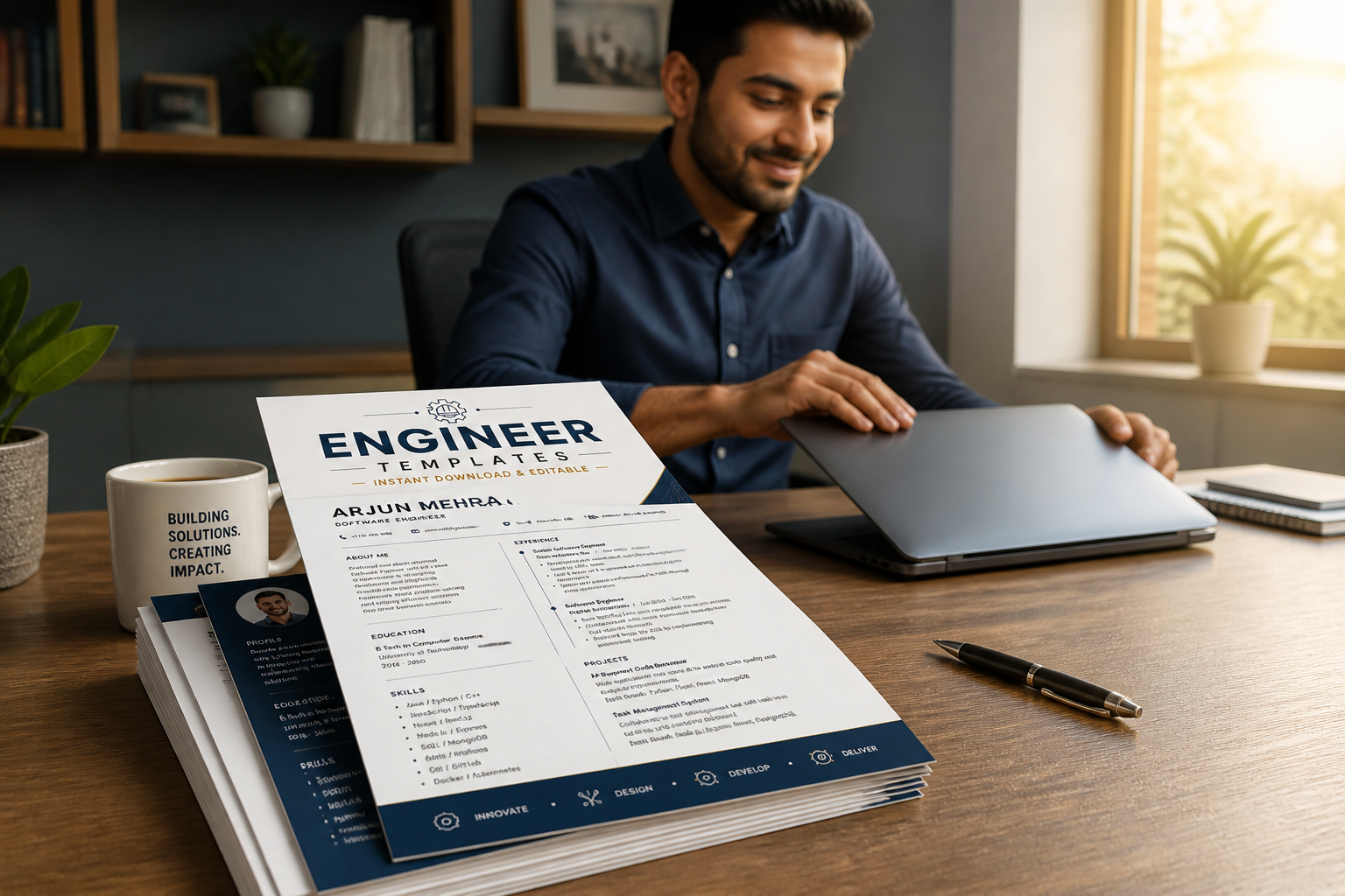Motivational image of a confident Indian professional closing their laptop with a proud smile, ready to take the next career step into bright natural light