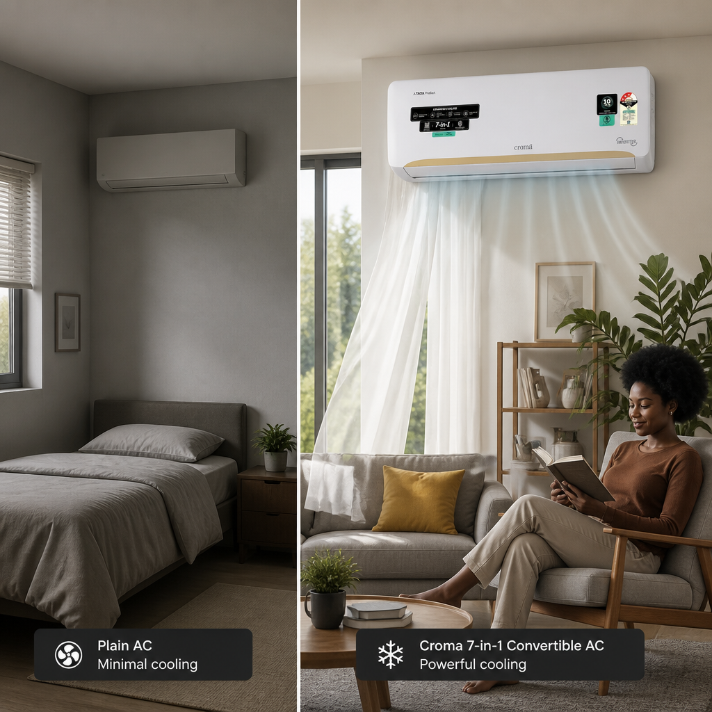 Split comparison showing same Croma AC cooling different room sizes - left side shows compact bedroom with minimal cooling, right side shows spacious living room with full cooling power, demonstrating the 7-in-1 convertible modes