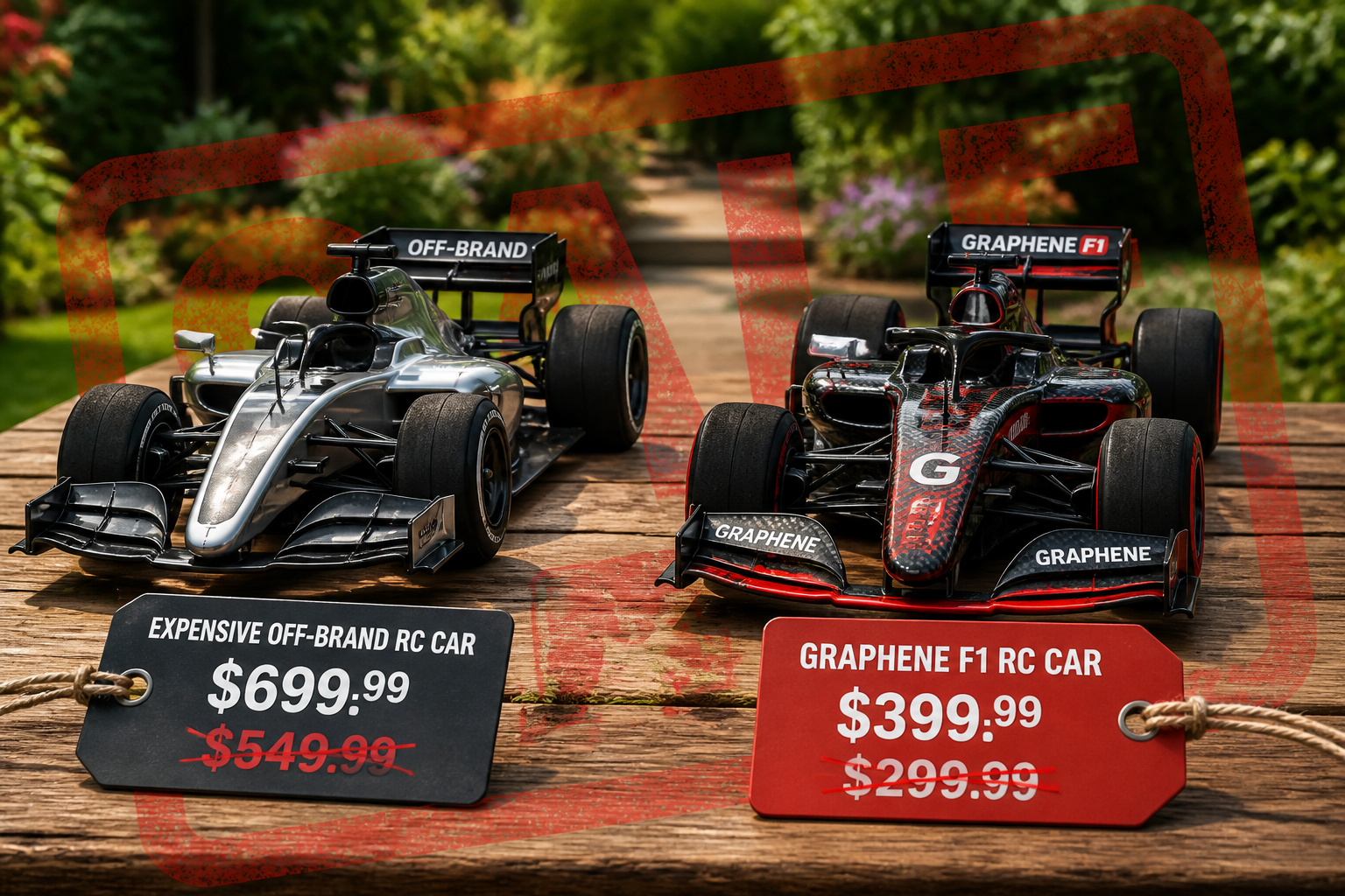 Side by side comparison of a generic expensive off-brand RC car at full price next to the GRAPHENE F1 car at a slashed discount price tag with a big red SALE stamp overlay