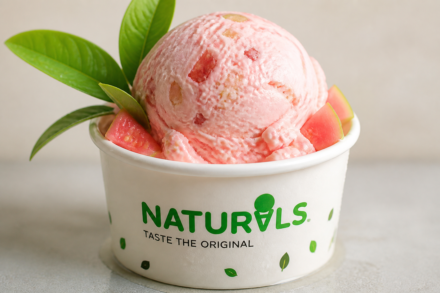 Elegant cup of Guava ice cream with visible guava pieces, vibrant pink color, fresh tropical garnish