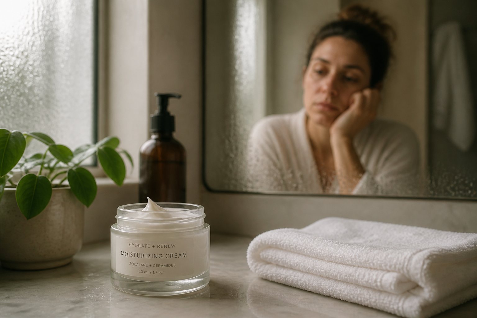 Soft-toned candid of a tired woman in her 30s looking into a dim bathroom mirror with low natural morning light, expression weary before her skincare change