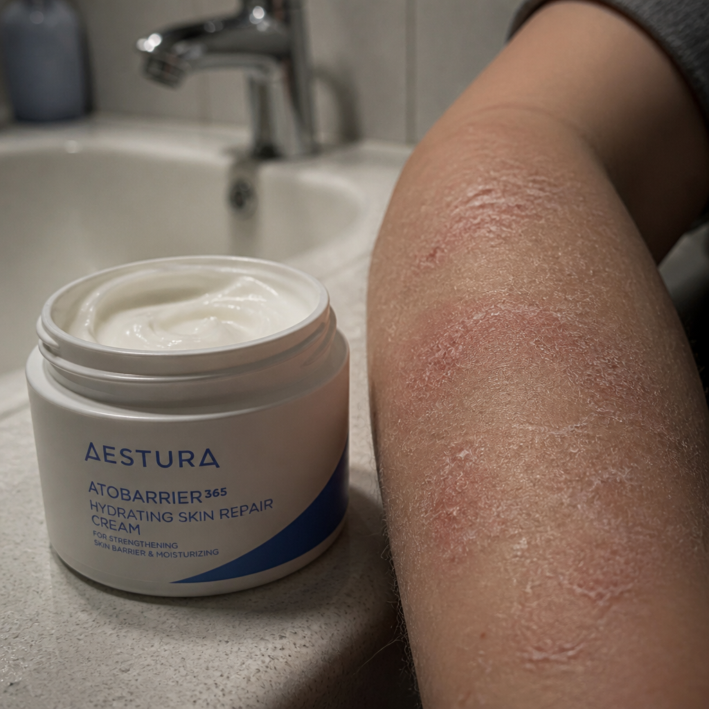 Close-up of dry, flaky, itchy skin on a forearm in harsh bathroom lighting, showing rough texture and irritated patches, with a dull exhausted look