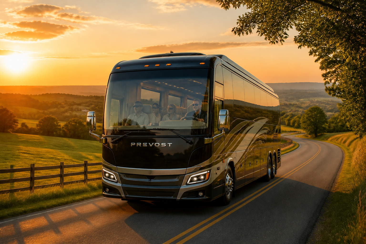 A luxury motorcoach traveling through scenic American countryside with rolling hills and golden sunset light
