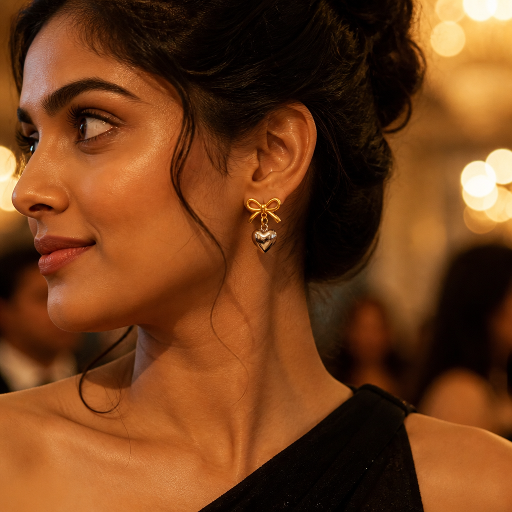 Indian woman in an elegant black evening gown wearing the Love Heart Earrings, gold lighting, glamorous event photography