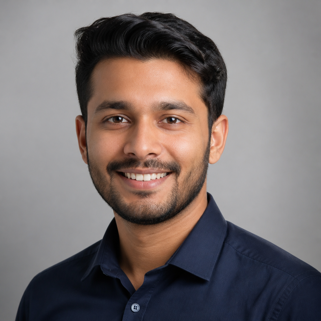 Friendly headshot of an Indian man in his early thirties with short black hair and light stubble, wearing a navy henley shirt, warm relaxed smile, neutral indoor studio background
