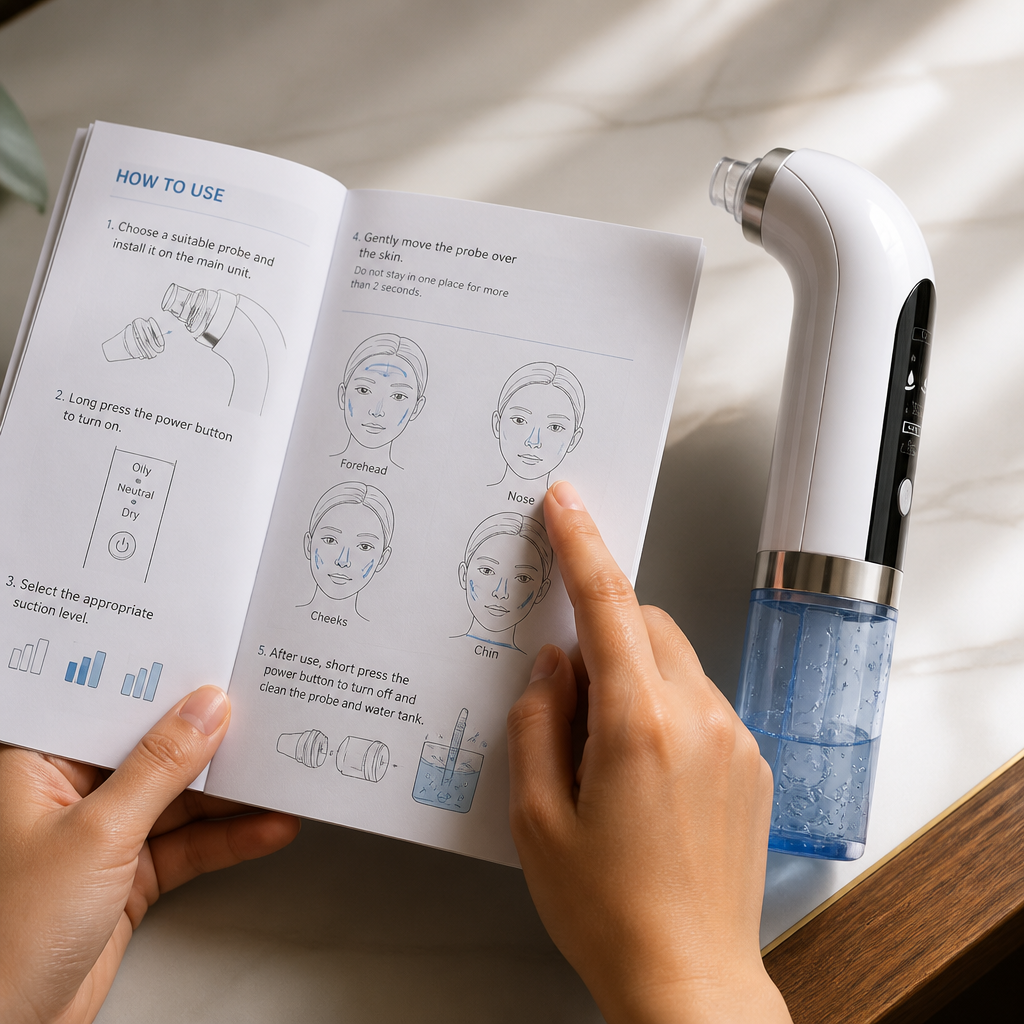 Open printed user manual with illustrated step-by-step instructions for using the blackhead vacuum device on different skin areas