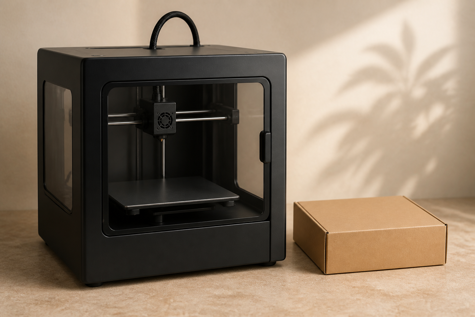 The Bambu Printer Standard Kit photographed slightly offset on a warm parchment surface with its accessory kit box beside it, soft natural light