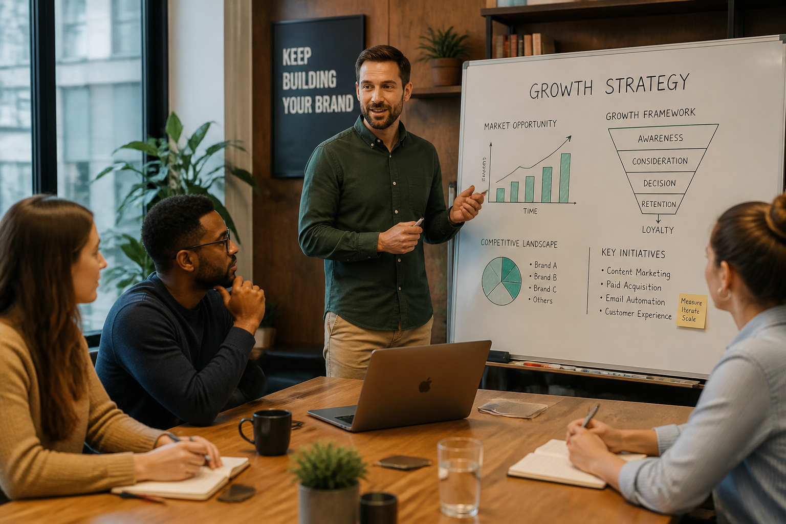 Marketing agency owner presenting strategy to team with whiteboard full of growth charts and frameworks