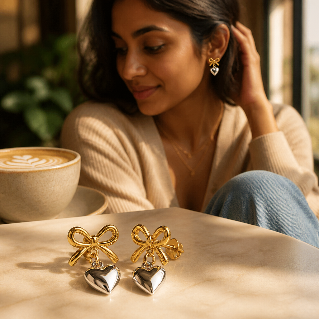 Love Heart Earrings styled at a cozy cafe with latte art and golden afternoon light streaming through window