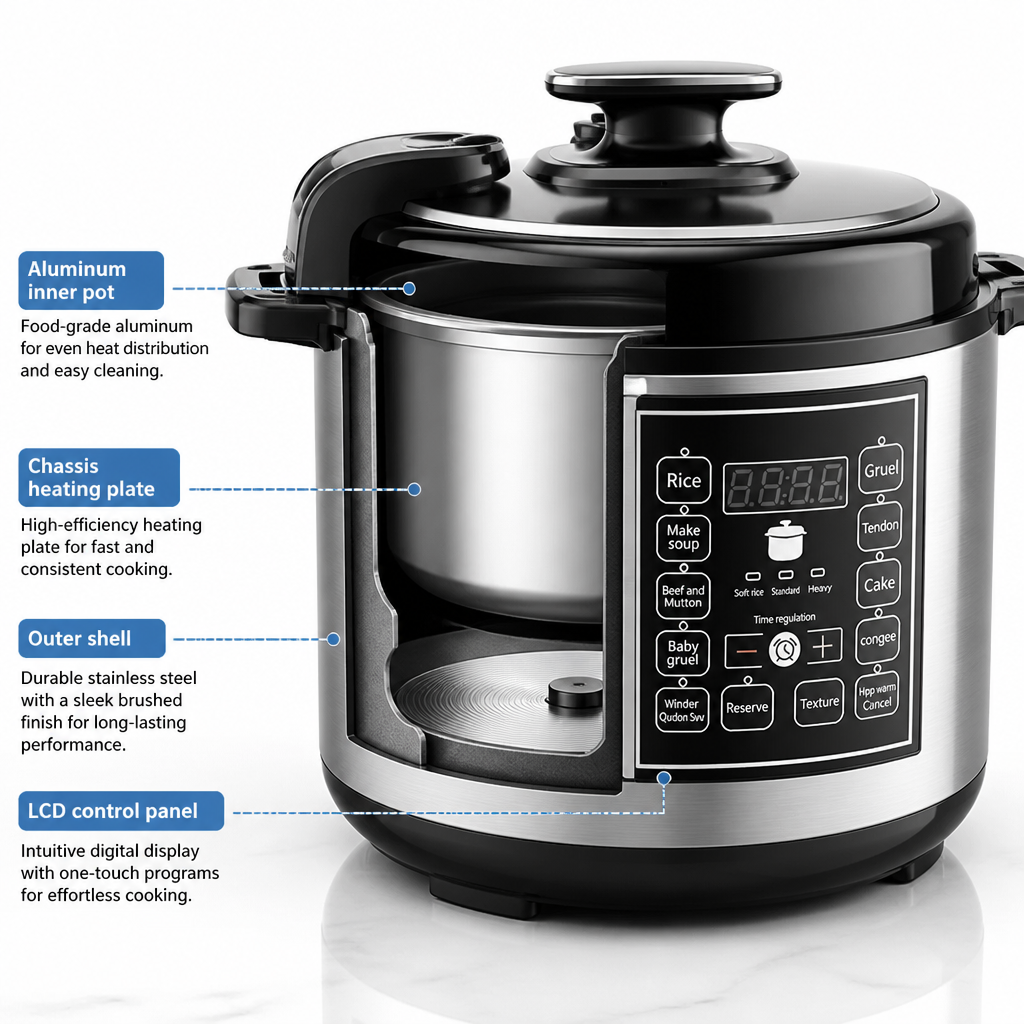 Cross-section infographic style image of the pressure cooker showing labeled parts: aluminum inner pot, chassis heating plate, outer shell, and LCD control panel