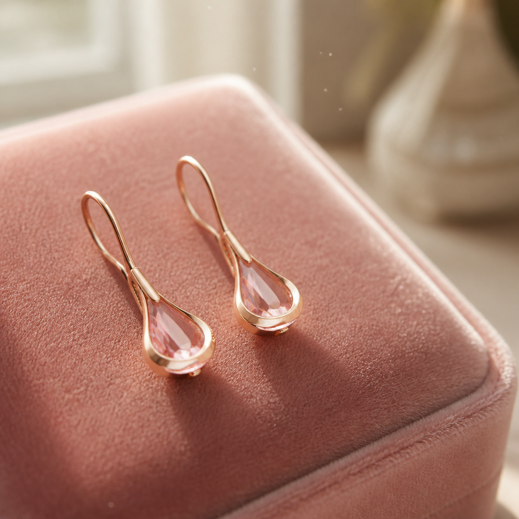 Side view of the pink Lunar drop earrings placed on a soft velvet cushion, showing the gentle curve and pink crystal