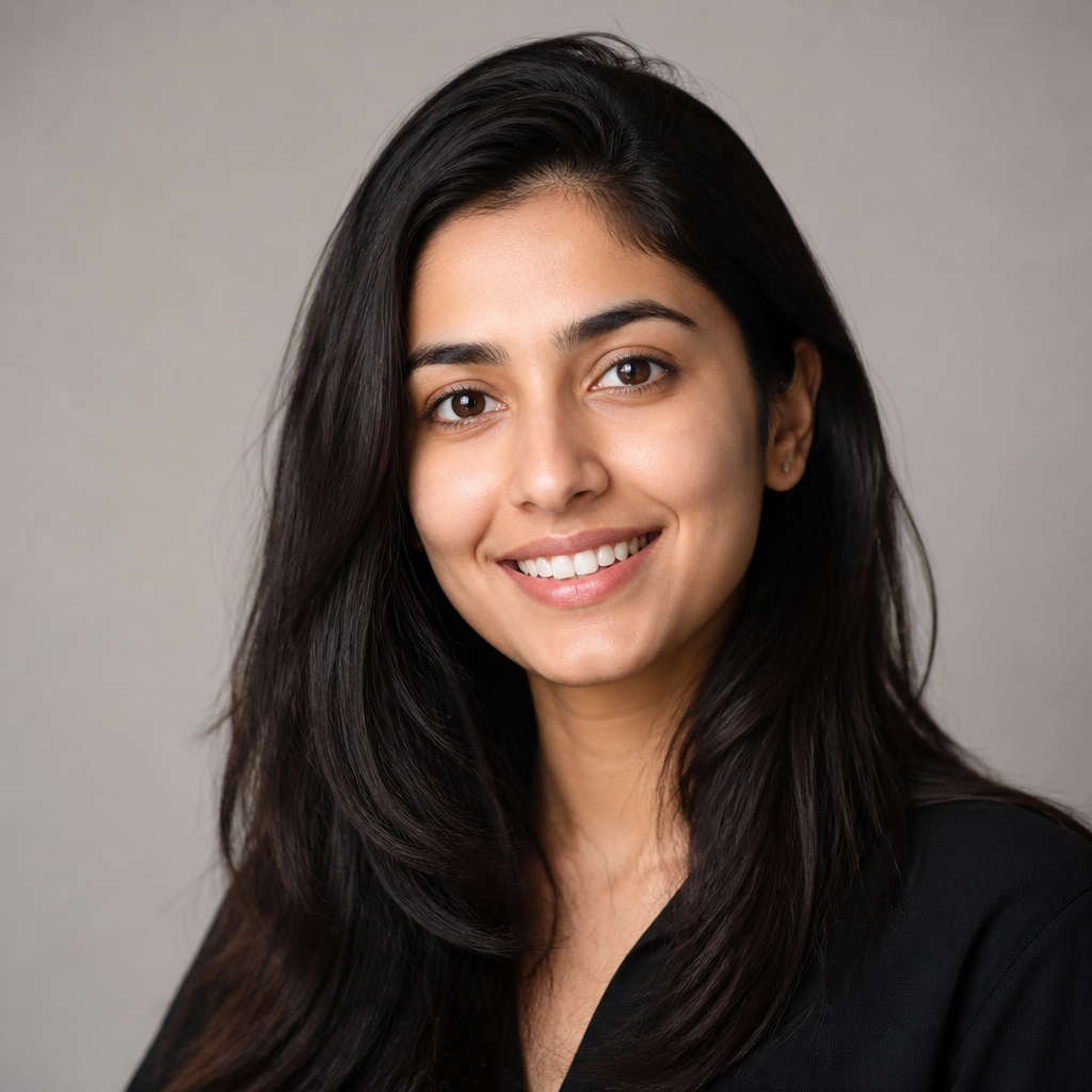 Young Indian woman with braided hair and bright smile, soft daylight indoor portrait, friendly expression, warm neutral tones, shallow depth of field