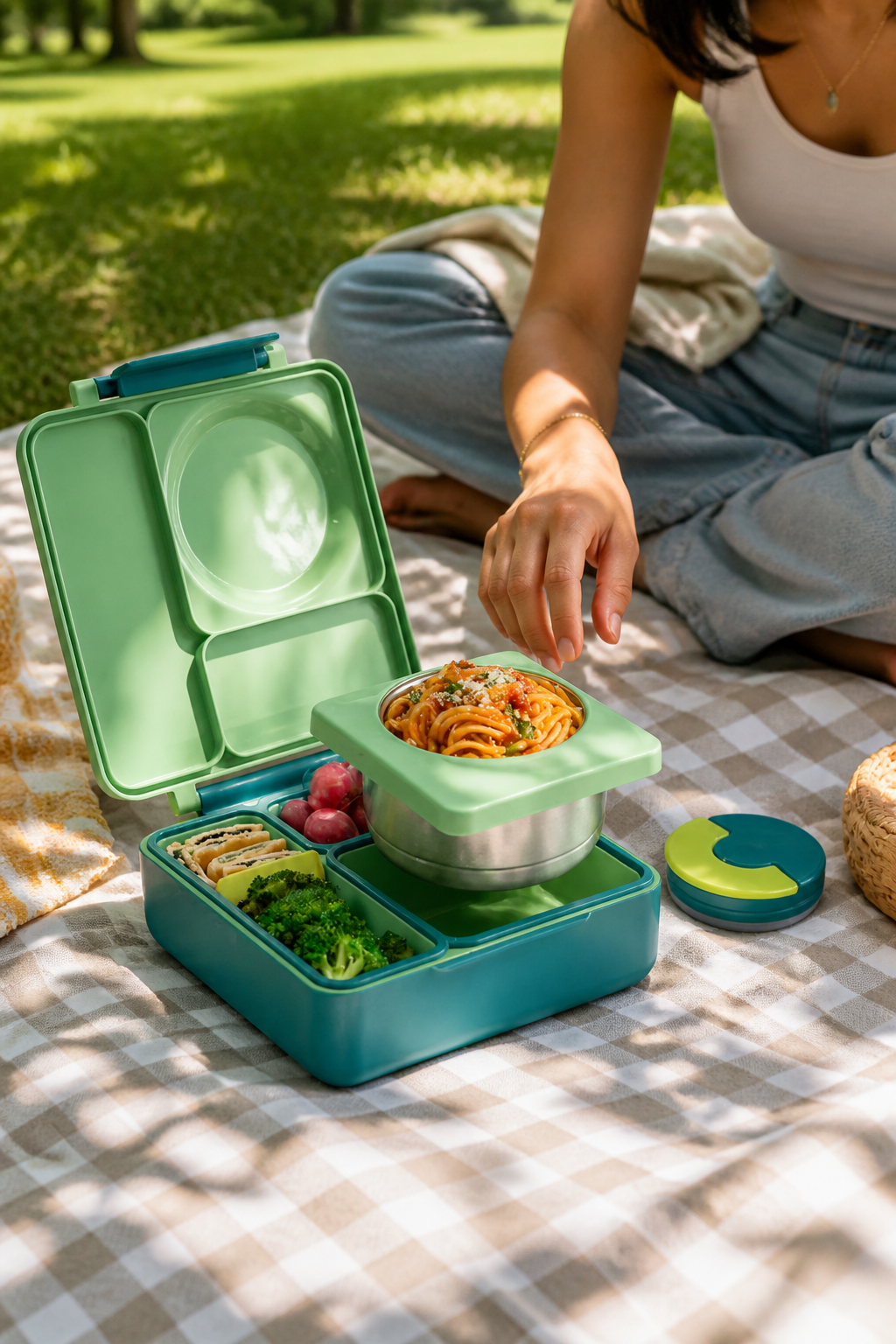 A Bento Box placed on a checkered picnic blanket in a sunny park with green grass