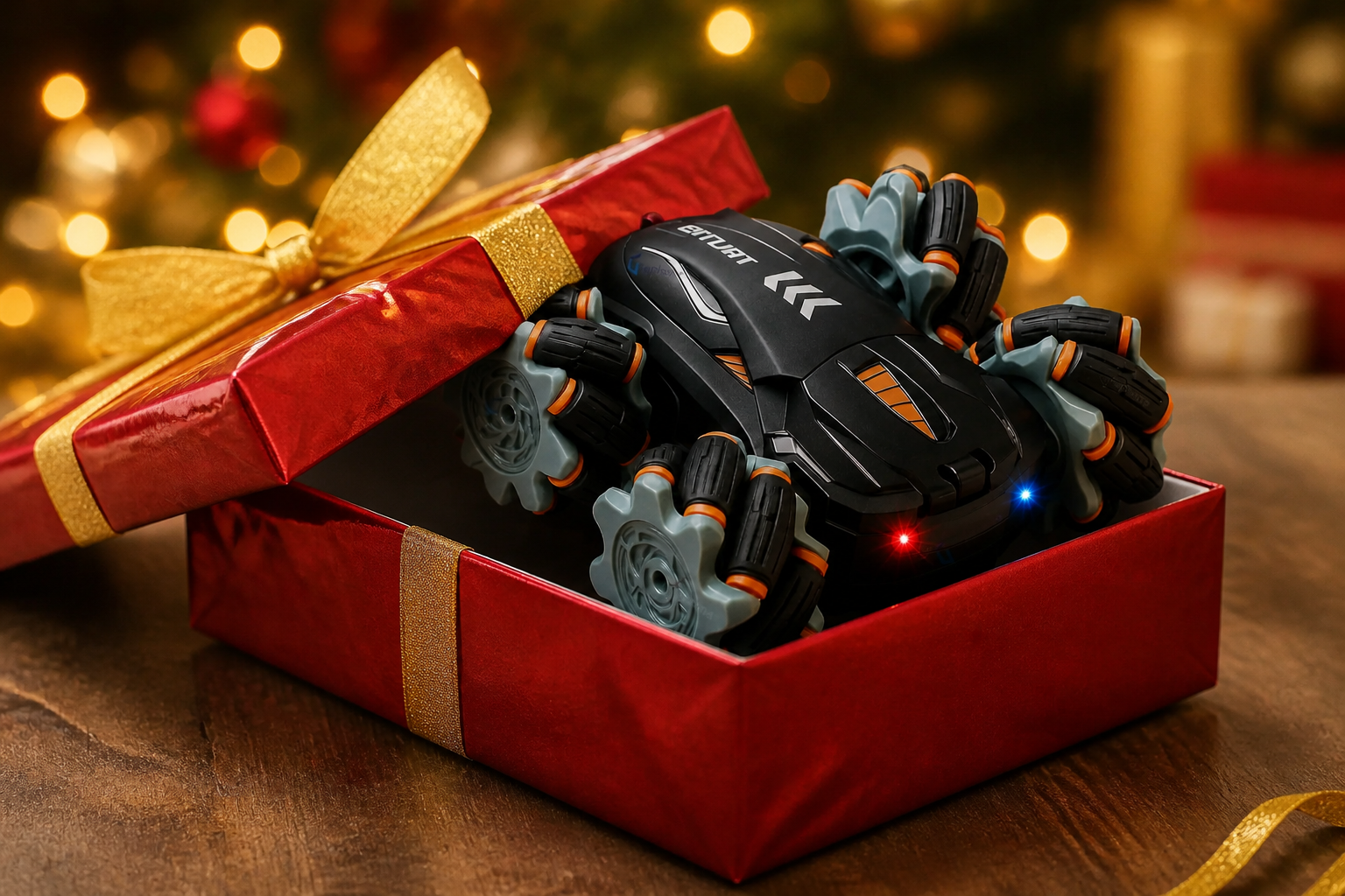 A festive gift-wrapped box in shiny red paper with golden ribbon on a wooden table, the GRAPHENE 4X4 drift car peeking out of the open lid with excitement, holiday lights in soft bokeh background