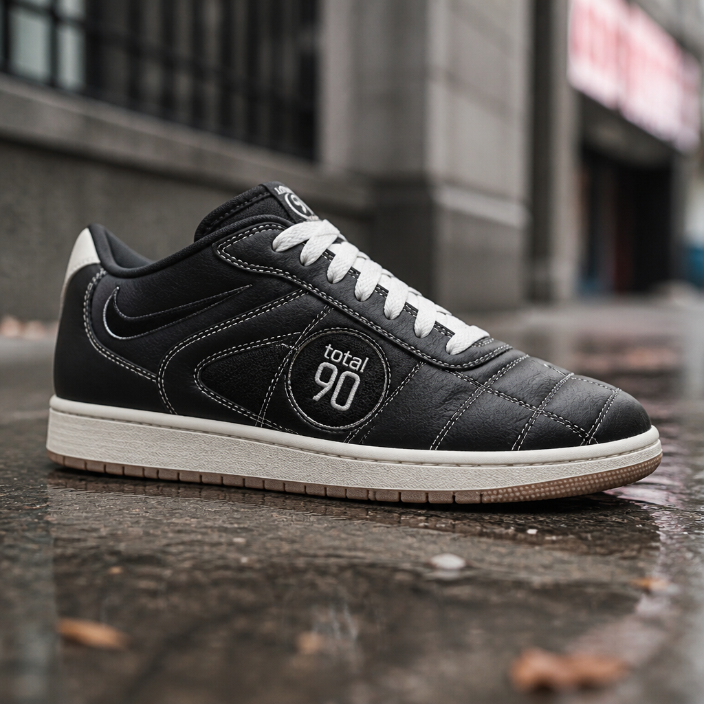 Side profile of the Nike Total 90 Premium sitting on a city sidewalk highlighting the flat white rubber outsole gripping onto wet pavement with shallow tread pattern for everyday wear