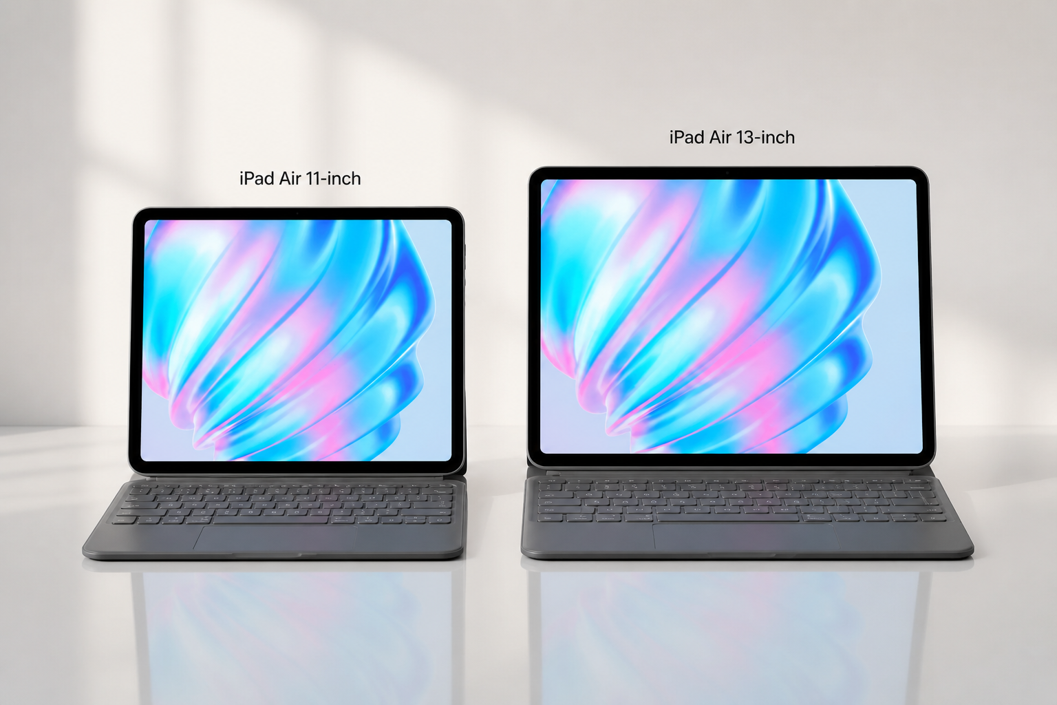 Two iPad Air models side by side, 11-inch and 13-inch, both attached to Logitech Combo Touch keyboards showing perfect fit and alignment on a clean minimal background