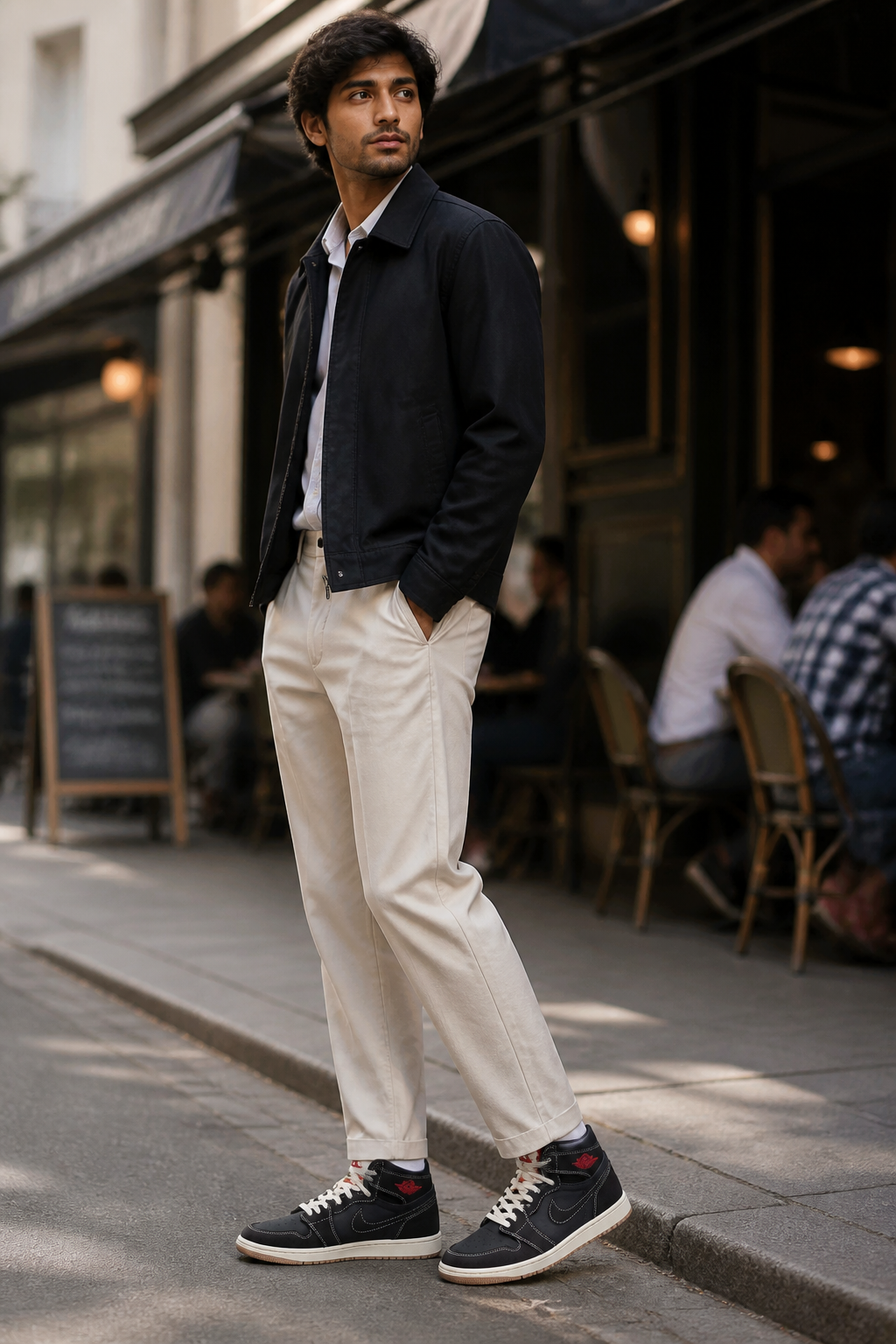 Young professional wearing Nike Total 90 Premium sneakers in casual smart-casual outfit, standing in trendy café district with morning light