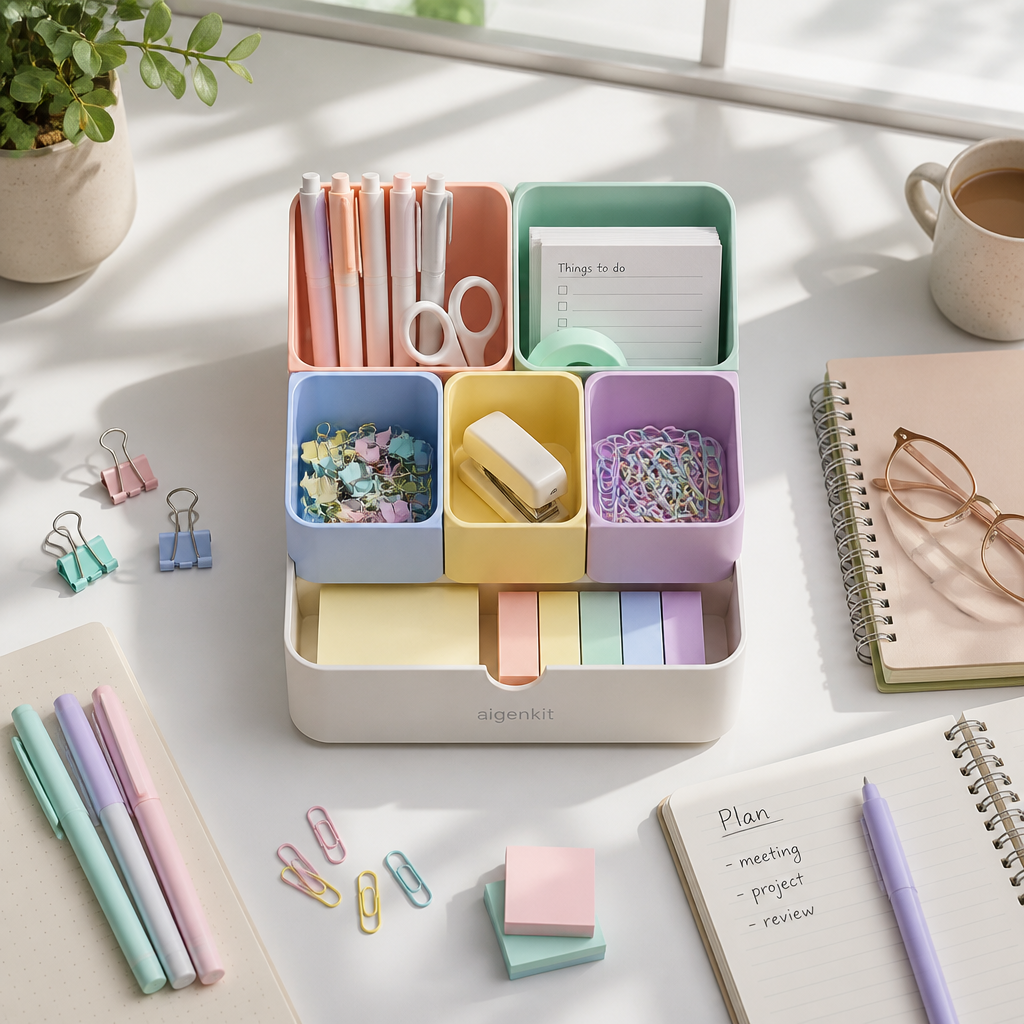 Friendly pastel sorting helper organizing scattered stationery into neat sections on a clean table