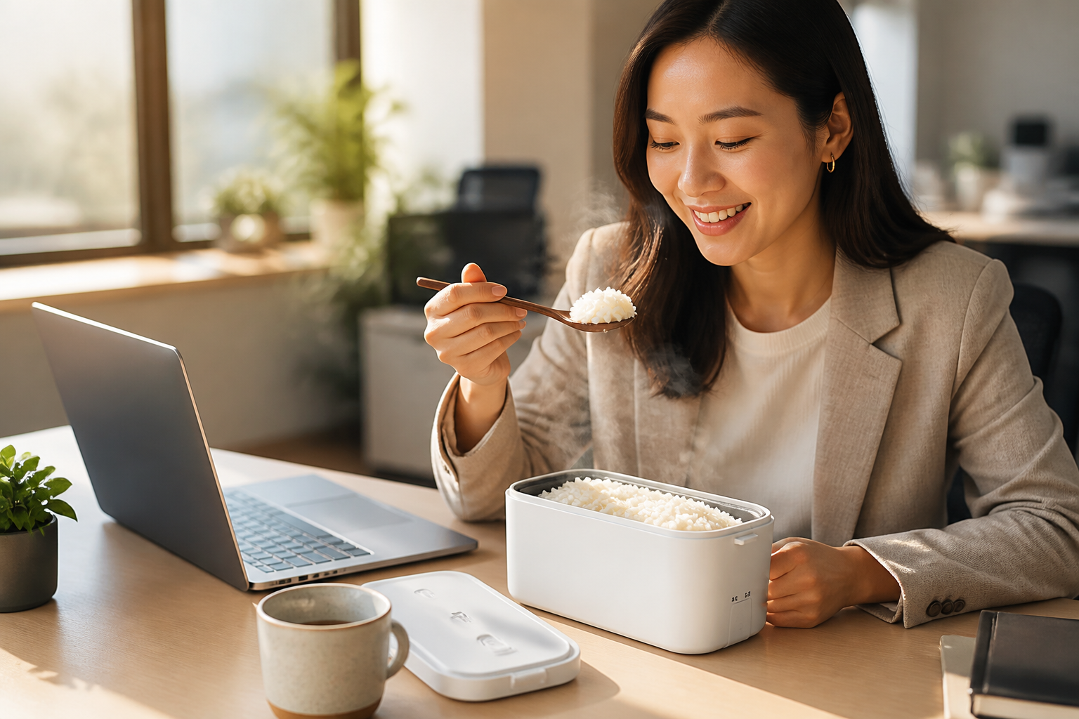 After state lifestyle image showing the same office worker now happily eating steaming hot homemade rice from the portable cooker at her desk, laptop open, looking energized and satisfied, afternoon sunlight streaming in through the window creating a warm atmosphere
