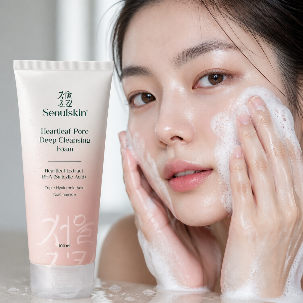 거품이 피부 모공을 깊이 클렌징하는 모습 - 불순물과 피지가 제거되는 과정