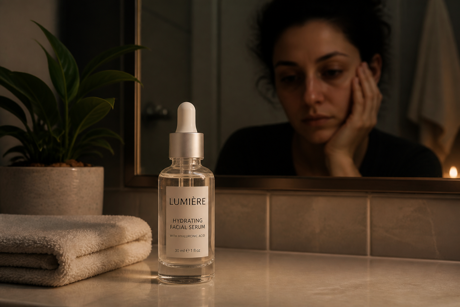 Side-by-side dimly-lit portrait of a tired, dull-skinned person looking in the mirror with circles under eyes and visible uneven texture