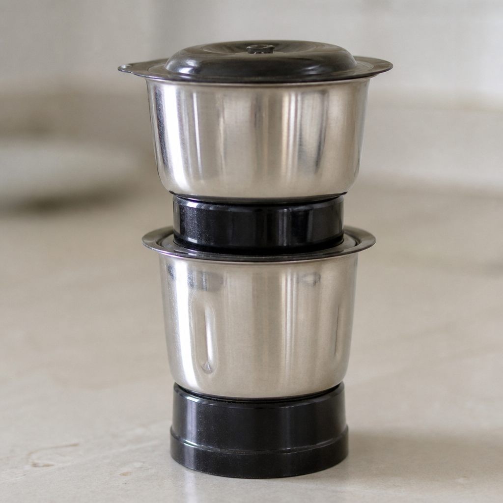 Close-up detail thumbnail of the two stainless steel grinding jars stacked together
