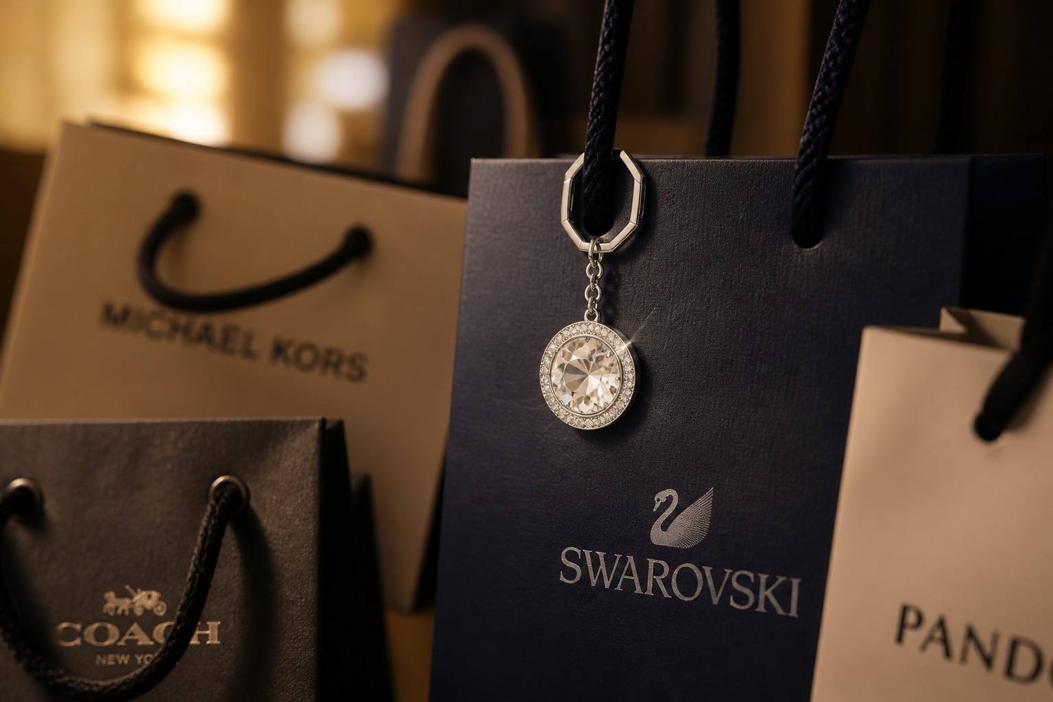 Multiple shopping bags in soft cinematic focus with a single glowing Swarovski white charm sharply in focus at the center surrounded by blurred competitor products