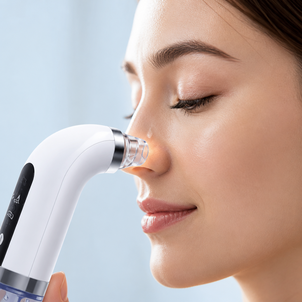 Close-up of device probe gently touching skin with visible soft suction effect and warm glow emanating from the contact point