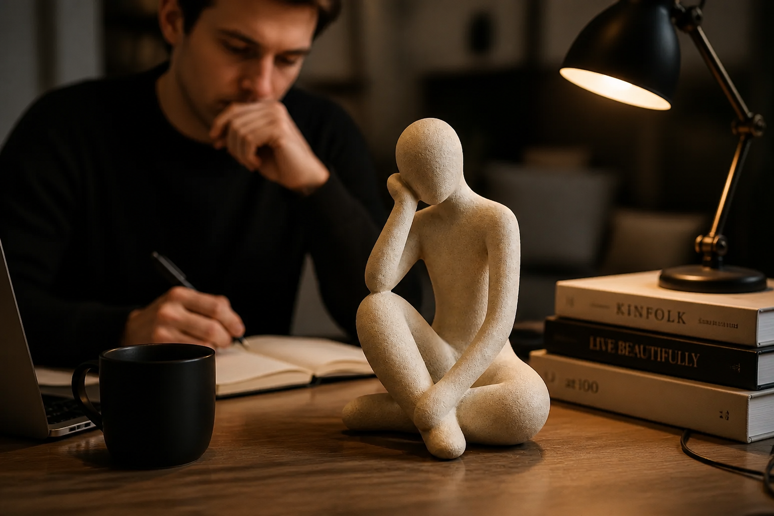 An organized study desk with the Abstract Thought Thinker Accent as an inspiring centerpiece next to books and a warm desk lamp