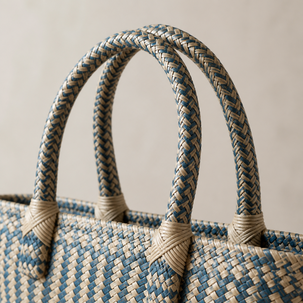 Detail shot of the sturdy double top handles of the woven tote, shown against a clean background highlighting craftsmanship and quality material