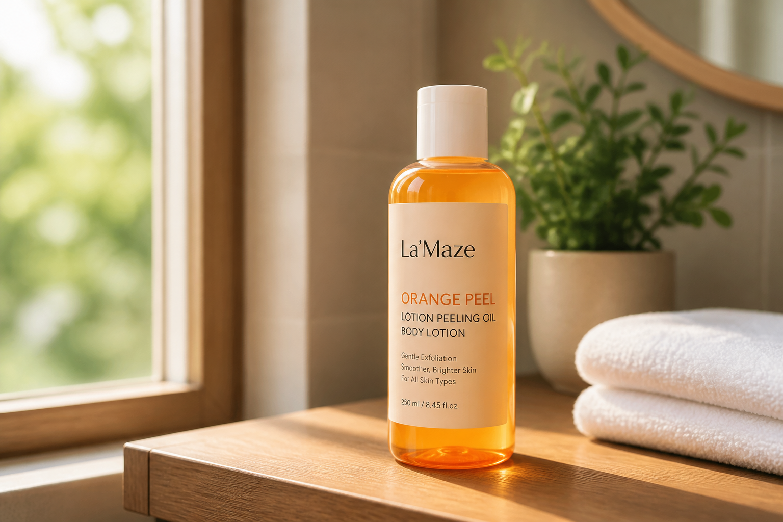 Lifestyle photograph showing La'Maze orange peel oil bottle on a clean minimalist bathroom shelf next to a folded cream towel and a fresh whole orange, soft morning window light, premium home interior styling