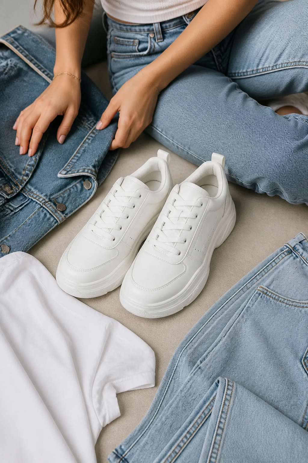 Flat-lay collage of Nike Sneakers 3 styled with a casual outfit of light blue jeans white tee and a denim jacket on a neutral surface