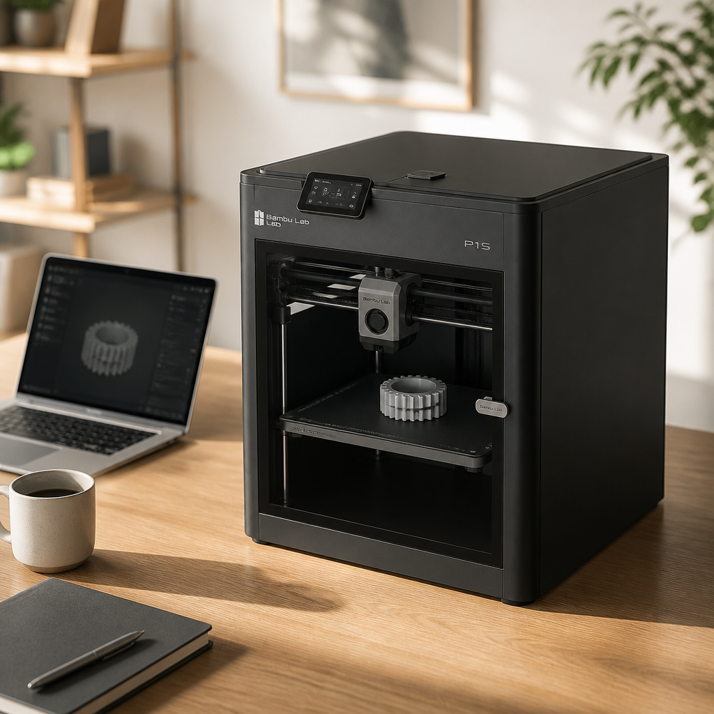 A clean modern studio desk with the Bambu Printer sitting compact and sealed beside a laptop and ceramic coffee mug, warm natural daylight, no clutter, a single finished part on the build plate