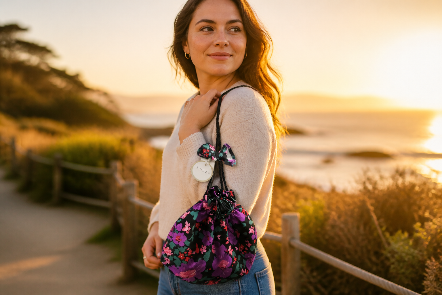 Confident woman standing at golden hour with her cinch bag by her side, silhouetted against a warm sunset, radiating self-assurance and joy