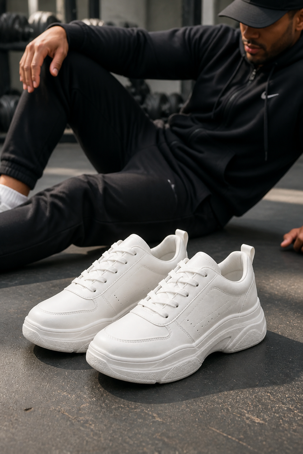 Flat-lay collage of Nike Sneakers 3 paired with a sporty outfit of black joggers athletic hoodie and cap on a gym floor background