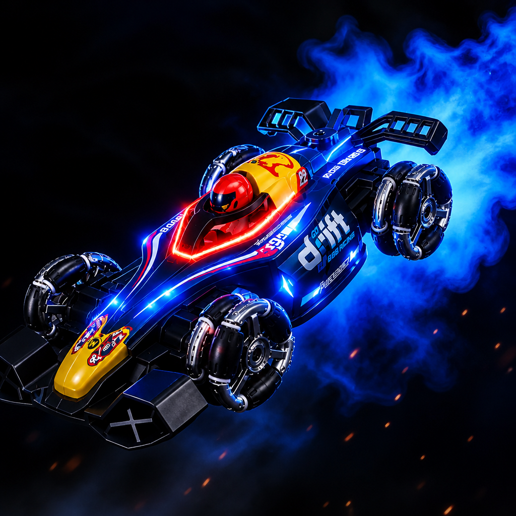 GRAPHENE RC car caught mid-air performing a 360 degree flip with full RGB neon glow blazing and a thick smoke trail behind it on a dark dramatic background