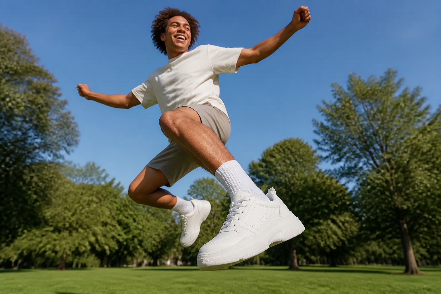Lifestyle photo of a young person jumping mid-air with joy wearing Nike Sneakers 3 on a sunny afternoon with a clear blue sky and green park background