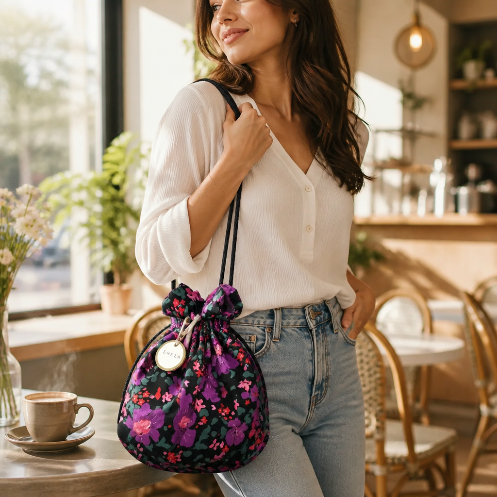 Woman in a chic brunch setting carrying her floral cinch bag, wearing a casual elegant outfit, morning sunlight streaming through cafe windows