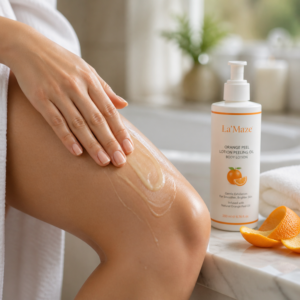 Close-up of a hand softly gliding La'Maze orange peel lotion across forearm skin in soft natural light with scattered dried orange peel slices beside