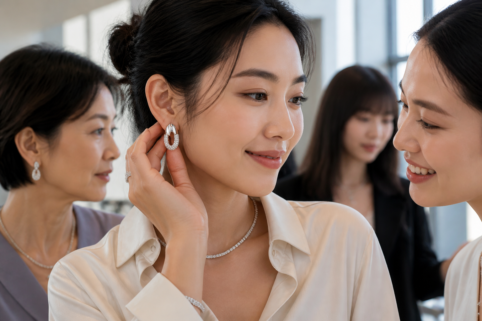 Group portrait of diverse women of different ages and styles confidently wearing Swarovski jewelry in a bright modern studio setting representing the brand worldwide community